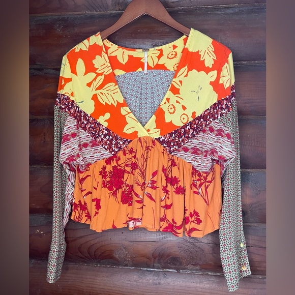 NWOT Free People Patchwork Long Sleeve Peasant Blouse Sz.S - Picture 4 of 7